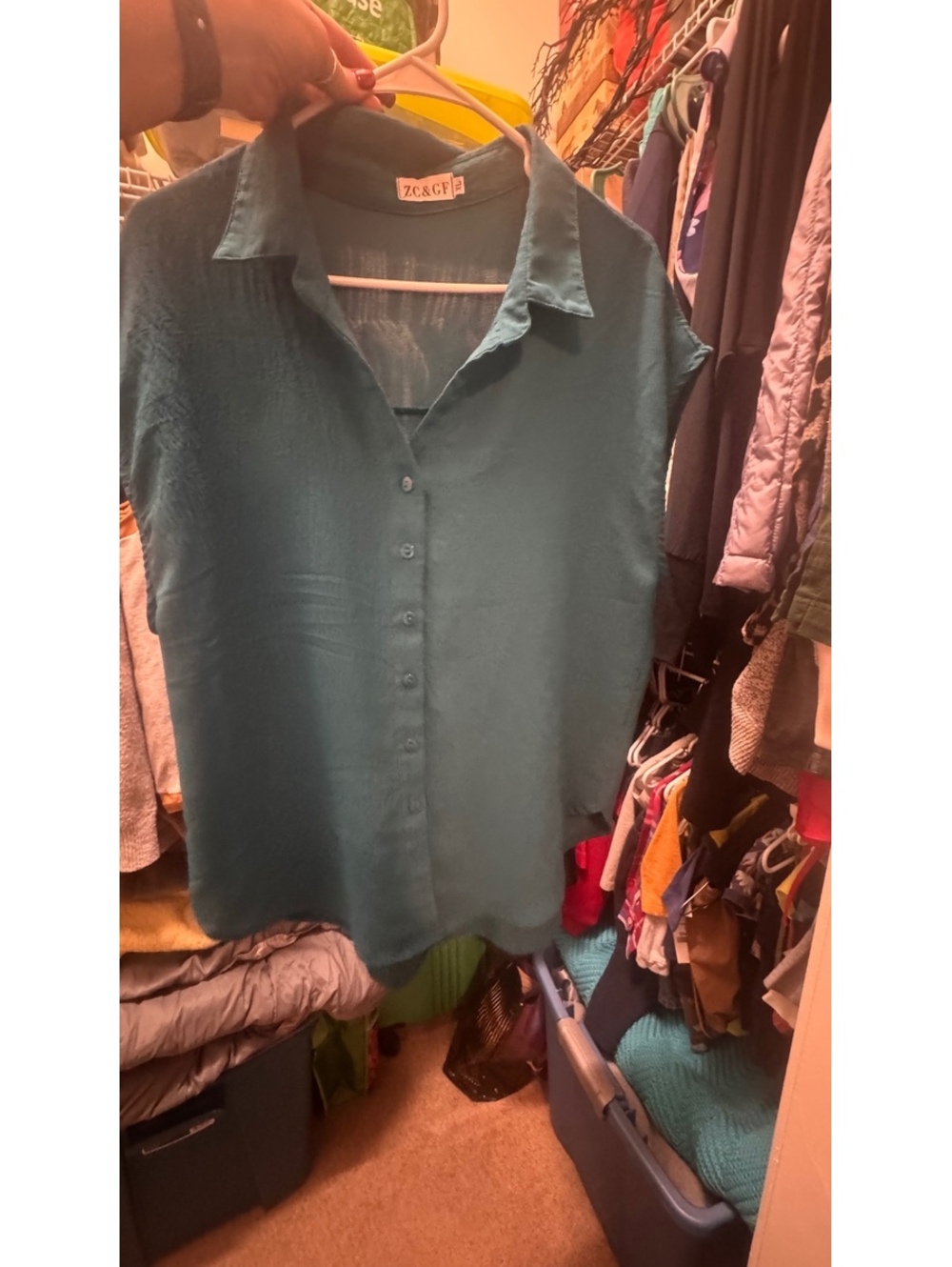 ZC&GF XL Teal Button Front Collared Short Sleeve Blouse Top
